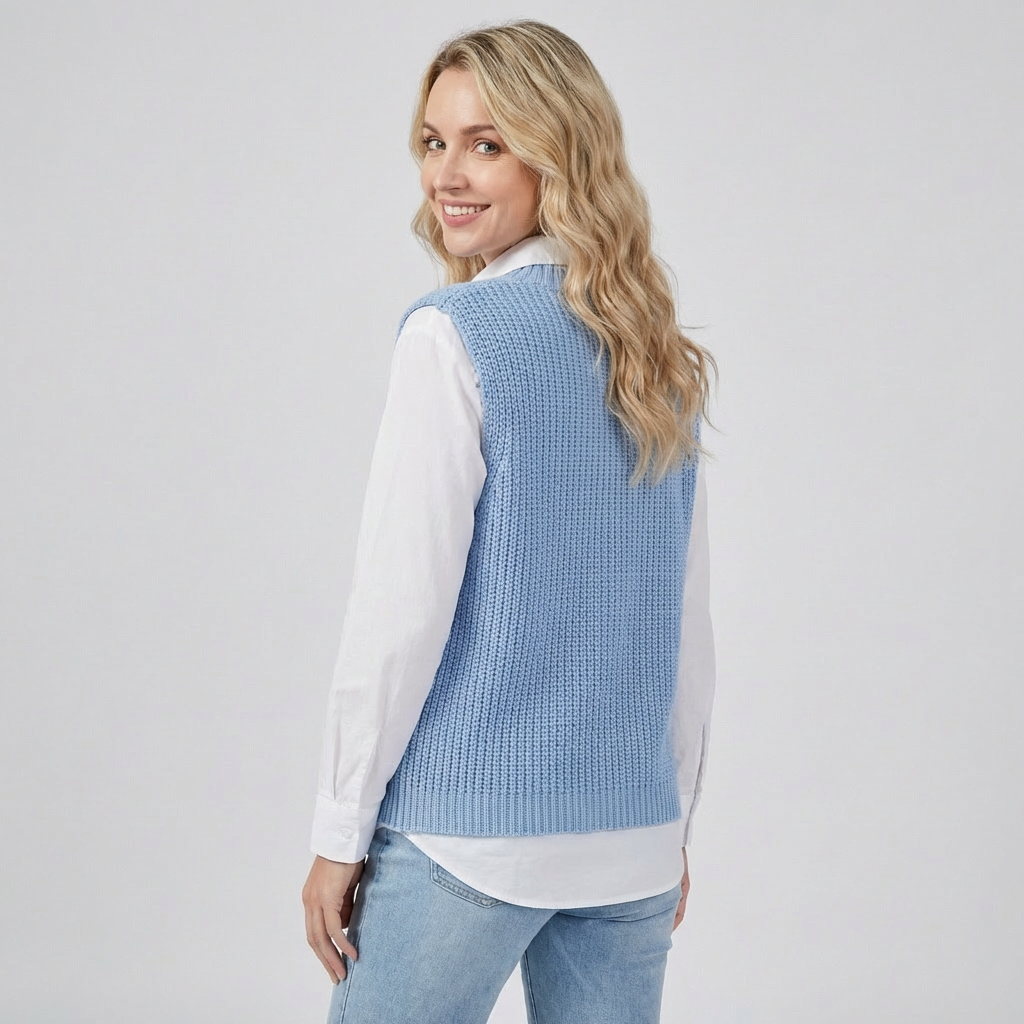 Blå ærmeløs sweater med V-hals til kvinder